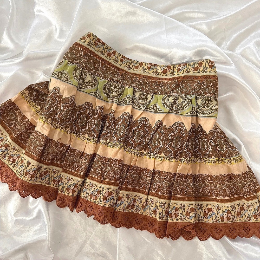 Angie Boho Paisley Floral Tiered Mini Skirt Brown Eyelet Lace Trim Size M